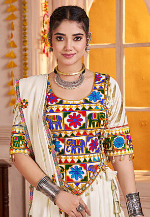 Navratri Special Viscose Cotton Lehenga in Off White