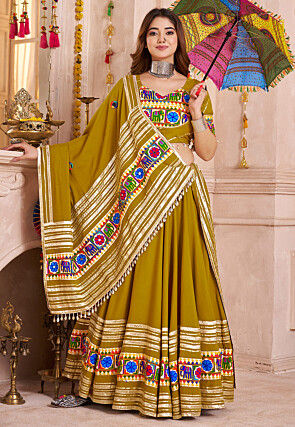 Navratri Special Viscose Cotton Lehenga in Olive Green