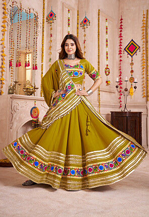 Navratri Special Viscose Cotton Lehenga in Olive Green