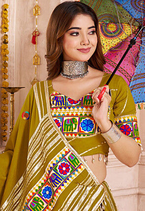Navratri Special Viscose Cotton Lehenga in Olive Green