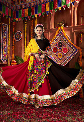Navratri Special Viscose Cotton Lehenga in Red and Black