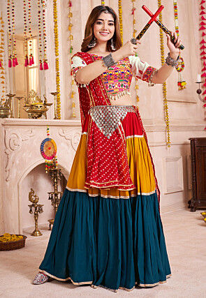 Navratri Special Viscose Cotton Tiered Lehenga in Multicolor