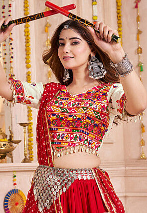 Navratri Special Viscose Cotton Tiered Lehenga in Multicolor