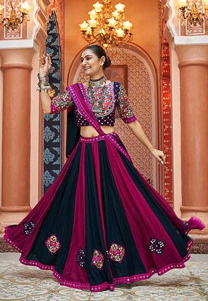 Navratri Special Viscose Rayon Lehenga in Navy Blue and Magenta