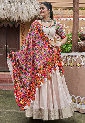 Navratri Special Viscose Rayon Lehenga in Light Beige