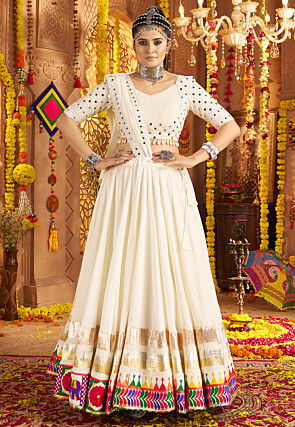 Navratri Special Viscose Rayon Lehenga in Off White