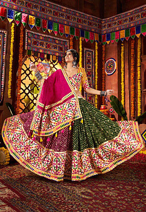 Navratri Special Viscose Cotton Lehenga in Magenta and Green