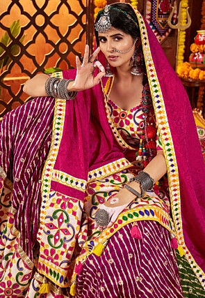 Navratri Special Viscose Cotton Lehenga in Magenta and Green