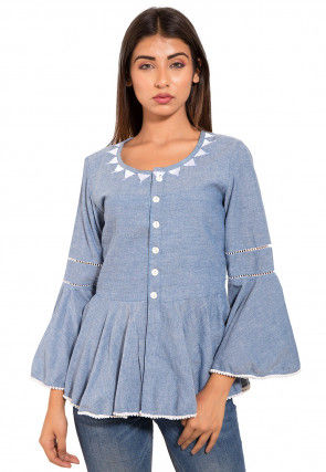 Embroidered Neckline Chambray Peplum Style Top in Sky Blue