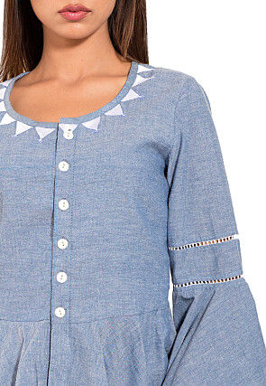 Embroidered Neckline Chambray Peplum Style Top in Sky Blue