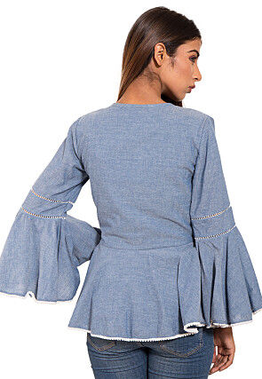 Embroidered Neckline Chambray Peplum Style Top in Sky Blue