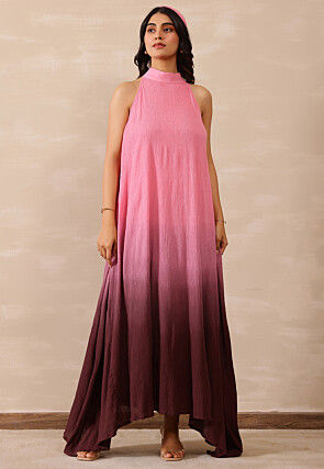 Omber Pure Crepe Asymmetric Dress in Pink and Maroon