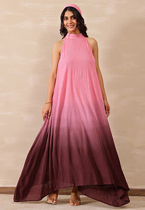 Omber Pure Crepe Asymmetric Dress in Pink and Maroon