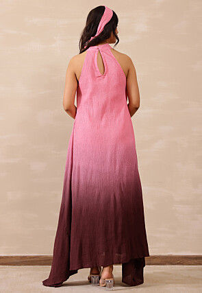 Omber Pure Crepe Asymmetric Dress in Pink and Maroon