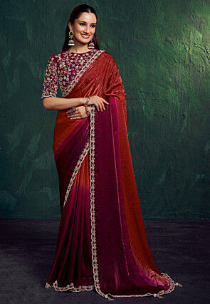 Embroidered Border Art Silk Saree in Red and Magenta