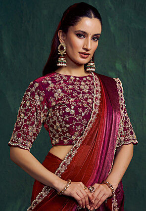 Embroidered Border Art Silk Saree in Red and Magenta