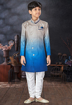 Ombre Art Silk Sherwani in Grey and Blue