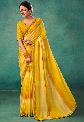 Yellow Poly Georgette Geometric Printed Pre-Stitched Pant Saree