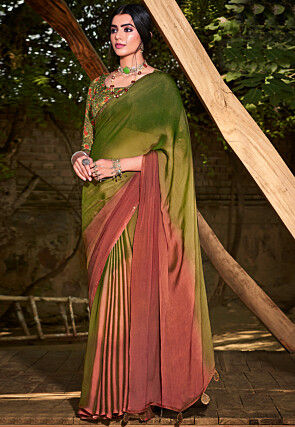 Ombre Chiffon Saree in Olive Green and Peach