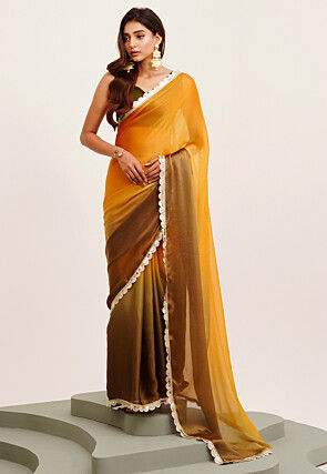 Ombre Chiffon Saree in Shaded Mustard and Olive Green
