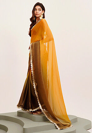 Ombre Chiffon Saree in Shaded Mustard and Olive Green