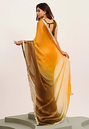 Ombre Chiffon Saree in Shaded Mustard and Olive Green