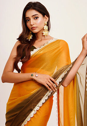 Ombre Chiffon Saree in Shaded Mustard and Olive Green