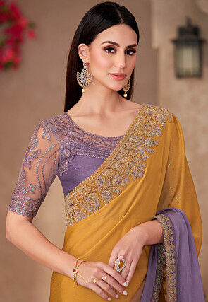 Ombre Chiffon Saree in Shaded Mustard and Purple