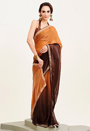 Ombre Chiffon Saree in Shaded Orange and Brown