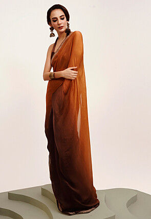 Ombre Chiffon Saree in Shaded Orange and Brown