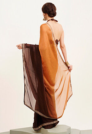 Ombre Chiffon Saree in Shaded Orange and Brown