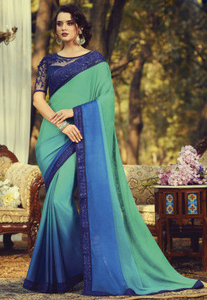 Ombre Chiffon Saree in Teal Green and Blue