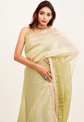 Ombre Chiffon Scalloped Saree in Light Green