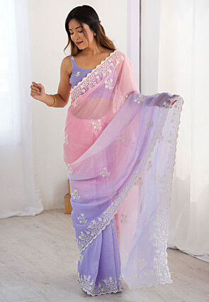 Embroidered Chiffon Scalloped Saree in Pink and Purple