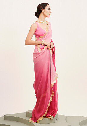 Ombre Chiffon Scalloped Saree in Pink 