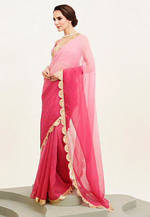 Ombre Chiffon Scalloped Saree in Pink 