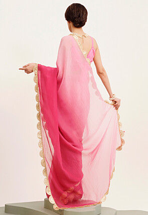 Ombre Chiffon Scalloped Saree in Pink 