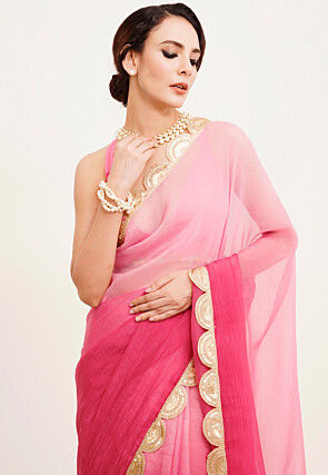 Ombre Chiffon Scalloped Saree in Pink 