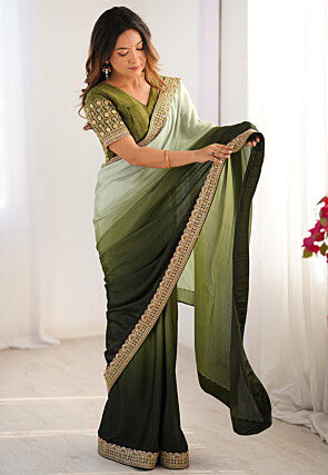 Ombre Chinon Silk Saree in Green