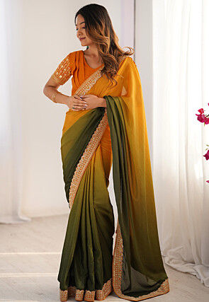 Ombre Chinon Silk Saree in Olive Green and Mustard
