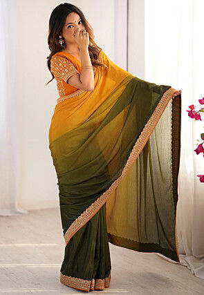 Ombre Chinon Silk Saree in Olive Green and Mustard