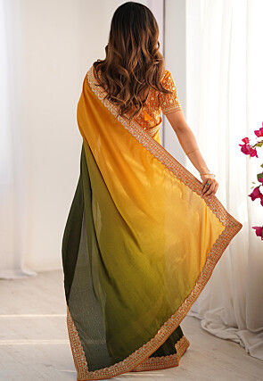 Ombre Chinon Silk Saree in Olive Green and Mustard