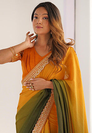 Ombre Chinon Silk Saree in Olive Green and Mustard