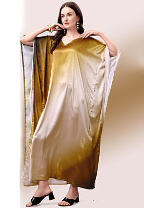 Ombre Crepe Long Kaftan Dress in Mustrad and Beige