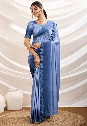 Ombre Crepe Scalloped Saree in Dusty Blue