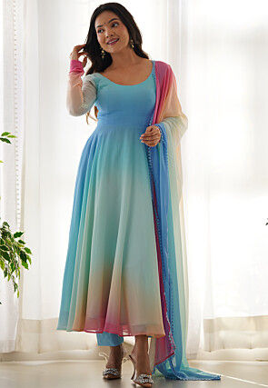 Ombre Georgette A Line Suit in Blue Ombre