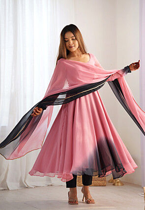 Ombre Georgette A Line Suit in Shaded Pink and Black