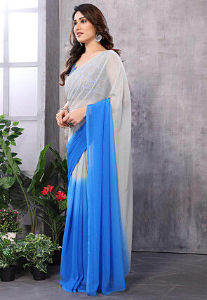 Ombre Georgette Saree in Off White and Blue
