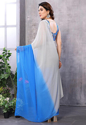 Ombre Georgette Saree in Off White and Blue