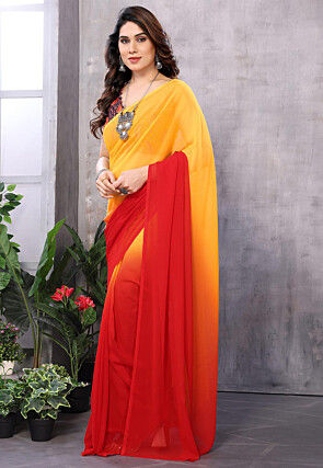 Ombre Georgette Saree in Red and Yellow